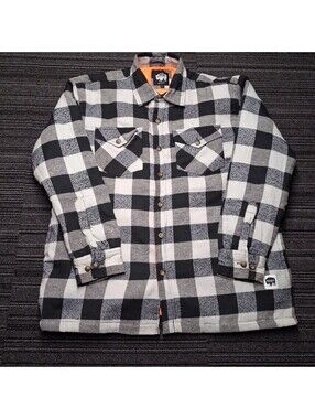 Buffalo Outdoors Flannel Shirt Jacket Mens L Black Gray Plaid Lined Shacket